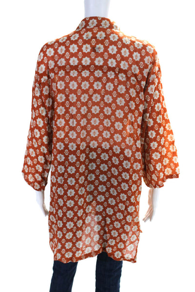 Diza Gabo Womens Button Front Collared Printed Side Slit Shirt Orange White XS/S