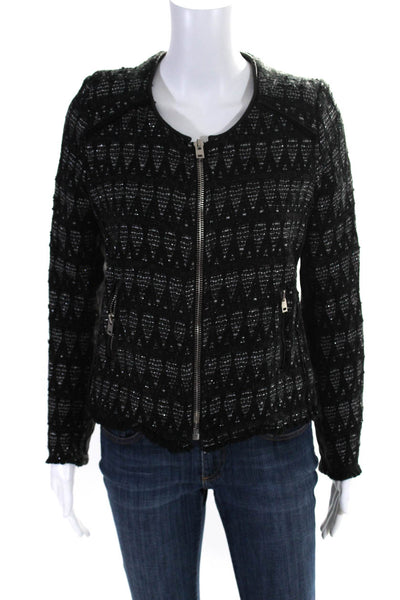 IRO Womens Front Zip Leather Trim Fringe Metallic Knit Jacket Black Size 1