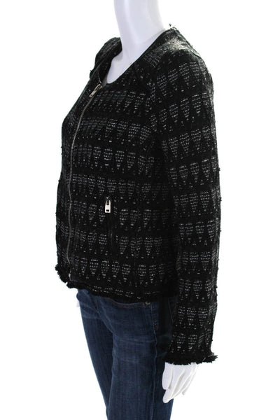 IRO Womens Front Zip Leather Trim Fringe Metallic Knit Jacket Black Size 1