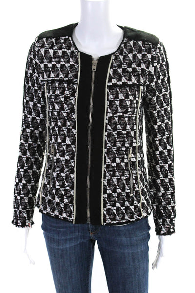 IRO Womens Front Zip Suede Trim Printed Knit Jacket White Black Red Size FR 38