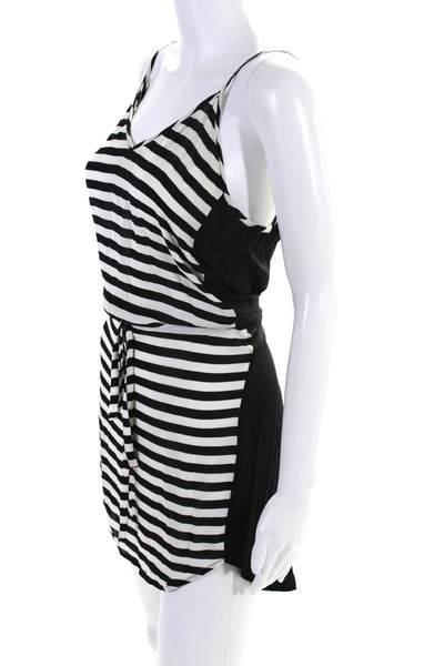 Mason Womens Spaghetti Strap V Neck Drawstring Striped Silk Dress Black White 0