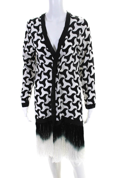 Emma Pake Womens Long Sleeve Printed Fringe Silk Open Kimono Black White Small