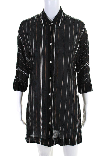 Vix Paula Hermanny Womens Button Front Striped Shirt Dress Black White Brown XS