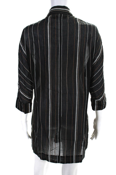 Vix Paula Hermanny Womens Button Front Striped Shirt Dress Black White Brown XS