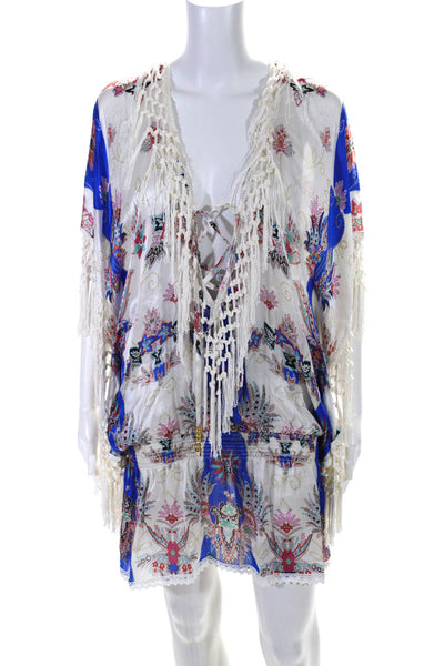 Vanita Rosa Womens V Neck Fringe Silk Floral Cover Up White Multi One Size