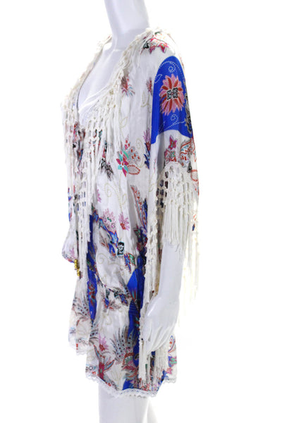 Vanita Rosa Womens V Neck Fringe Silk Floral Cover Up White Multi One Size