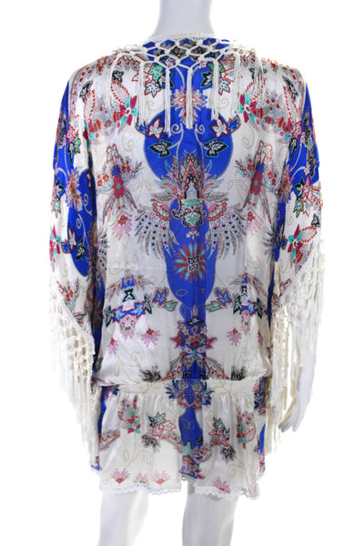 Vanita Rosa Womens V Neck Fringe Silk Floral Cover Up White Multi One Size