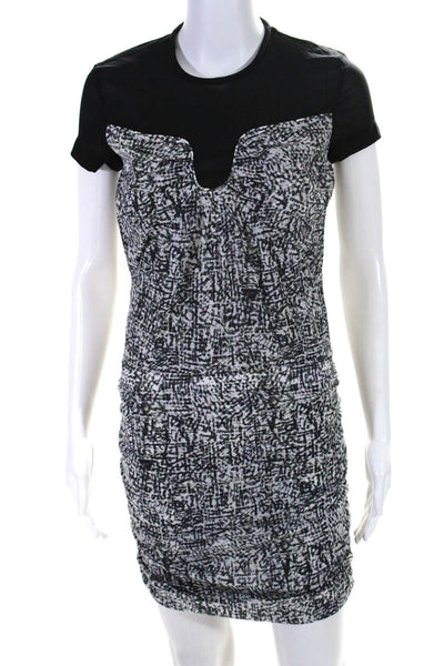 IRO Womens Zip Up Short Sleeve Abstract Ruched Silk Dress Black White Gray FR 38