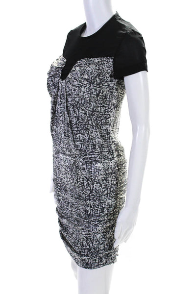 IRO Womens Zip Up Short Sleeve Abstract Ruched Silk Dress Black White Gray FR 38