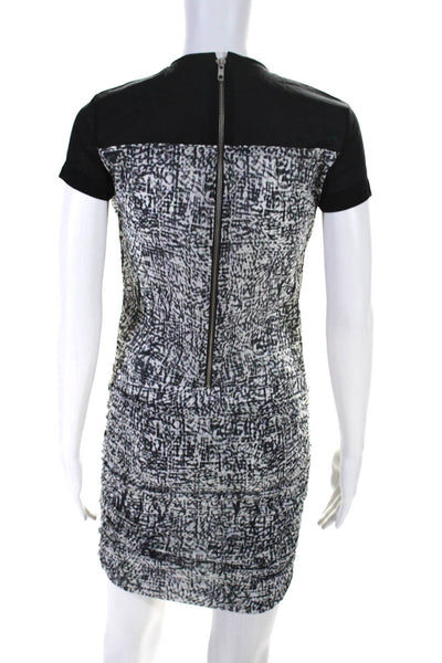 IRO Womens Zip Up Short Sleeve Abstract Ruched Silk Dress Black White Gray FR 38