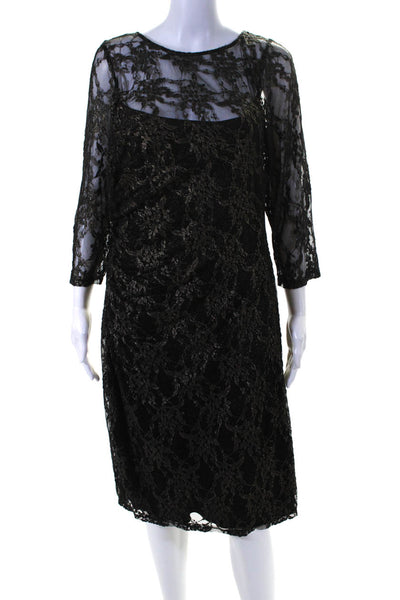 David Meister Womens Black Gold Lace Ruched 3/4 Sleeve Bodycon Dress Size 14