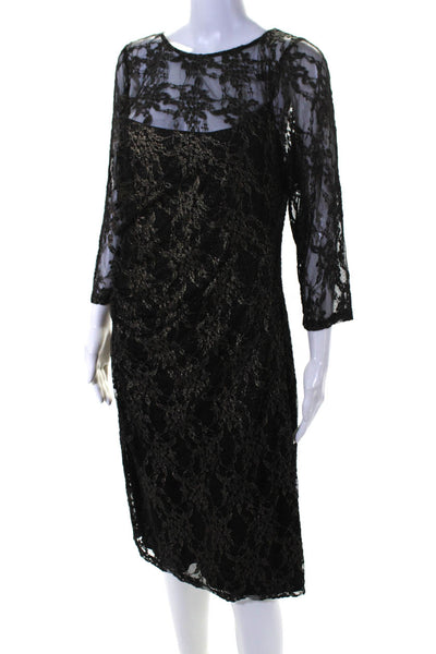 David Meister Womens Black Gold Lace Ruched 3/4 Sleeve Bodycon Dress Size 14