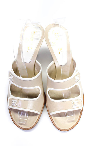 Chanel Womens Leather Logo Slide On Sandal Heels Beige White Size 40 10
