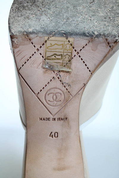 Chanel Womens Leather Logo Slide On Sandal Heels Beige White Size 40 10