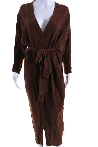 7115 Womens V Neck Long Sleeves Button Down Shirt Dress Brown Size Small