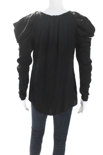 BCBG Max Azria Womens Satin Draped Puff Sleeve Long Sleeve Blouse Black Size XS