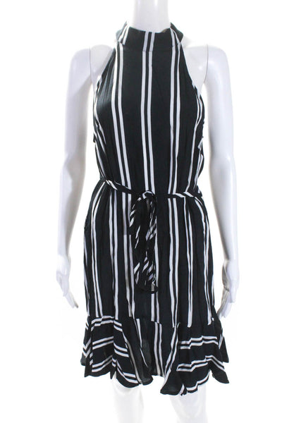 Dress Forum Womens Sleeveless High Neck Striped Belted Dress Navy White Medium