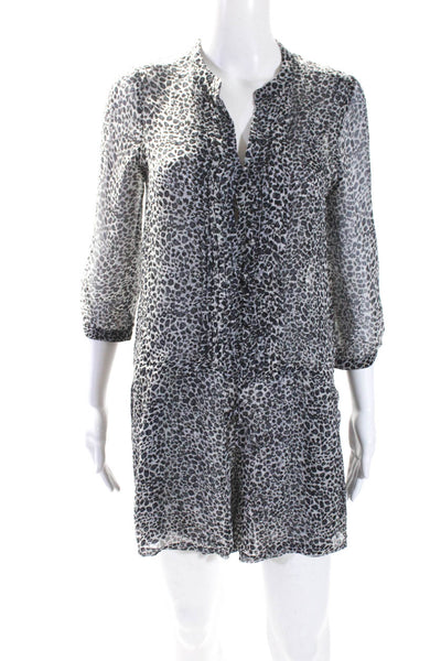 Joie Womens 3/4 Sleeve V Neck Leopard Printed Silk Romper White Gray Size XS