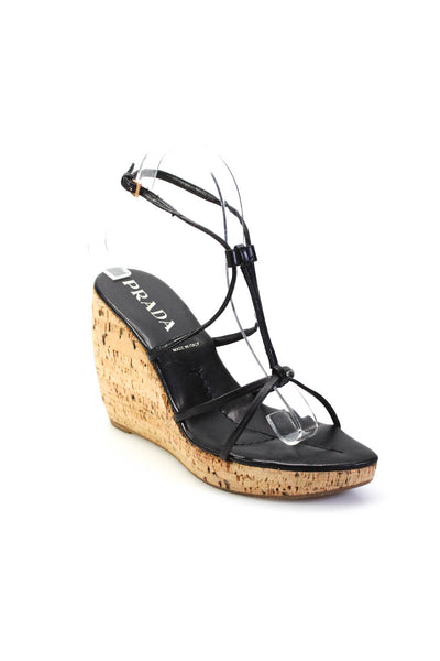 Prada Womens Wedge Heel Platform Ankle Strap Sandals Black Leather Size 38