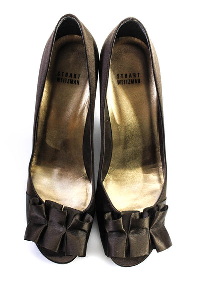 Stuart Weitzman Womens Brown Leather Ruffle Detail Peep Toe Heels Shoes Size 9.5