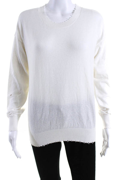 Minnie Rose Womens White Cotton Distress Crew Neck Pullover Sweater Top Size M