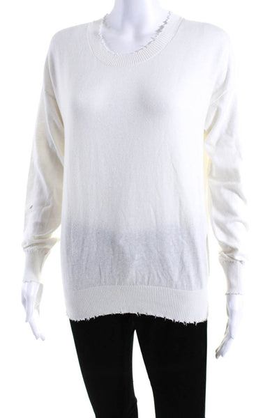 Minnie Rose Womens White Cotton Distress Crew Neck Pullover Sweater Top Size M