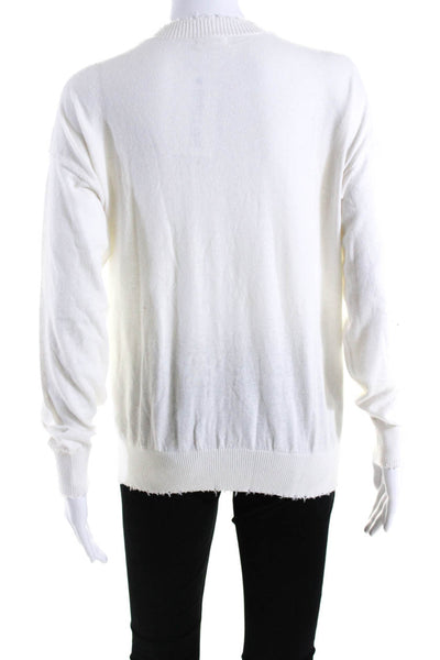 Minnie Rose Womens White Cotton Distress Crew Neck Pullover Sweater Top Size M