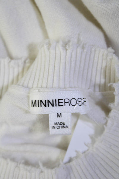 Minnie Rose Womens White Cotton Distress Crew Neck Pullover Sweater Top Size M