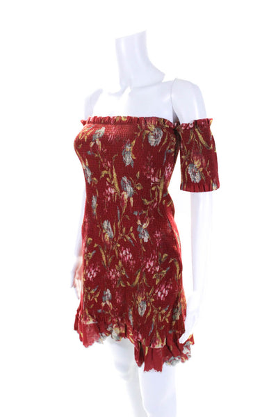 Zimmermann Womens Sleeveless Square Neck Smocked Floral Dress Red Linen Size 1