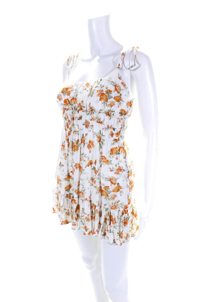 MINKPINK Womens Floral Print Spaghetti Strap Mini Dress White Orange Size Small