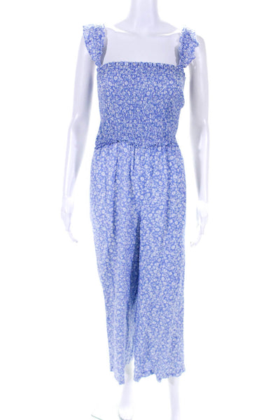 Intermix Womens Floral Print Smocked Sleeveless Jumpsuit Blue White Size 0