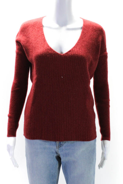 Repeat Womens Ribbed Knit Cashmere V-Neck Long Sleeve Sweater Top Red Size 38 S