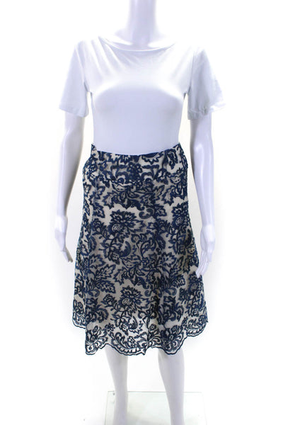 Marchesa Notte Womens Layered Embroidered Zip Up Flare Skirt Blue Size 8