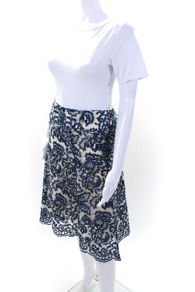 Marchesa Notte Womens Layered Embroidered Zip Up Flare Skirt Blue Size 8