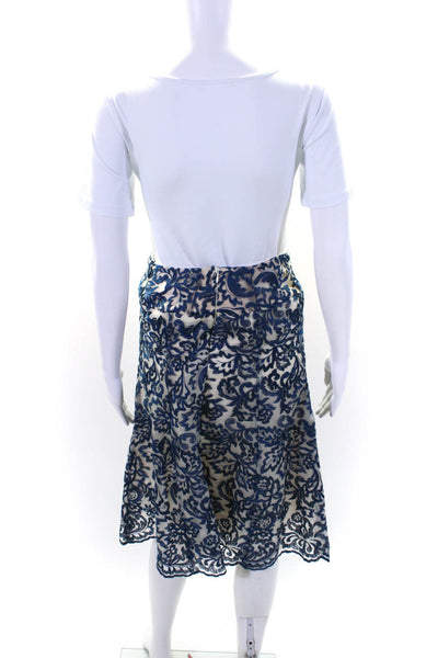 Marchesa Notte Womens Layered Embroidered Zip Up Flare Skirt Blue Size 8