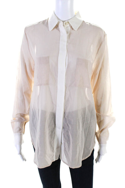 Shirt Womens Button Down Long Sleeve Collared Blouse Beige White Size Large