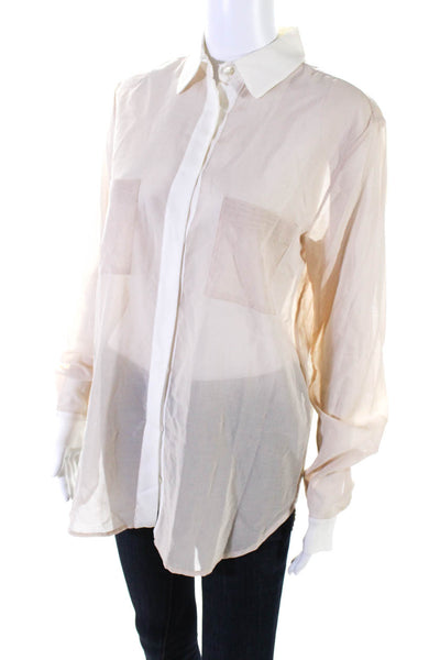 Shirt Womens Button Down Long Sleeve Collared Blouse Beige White Size Large