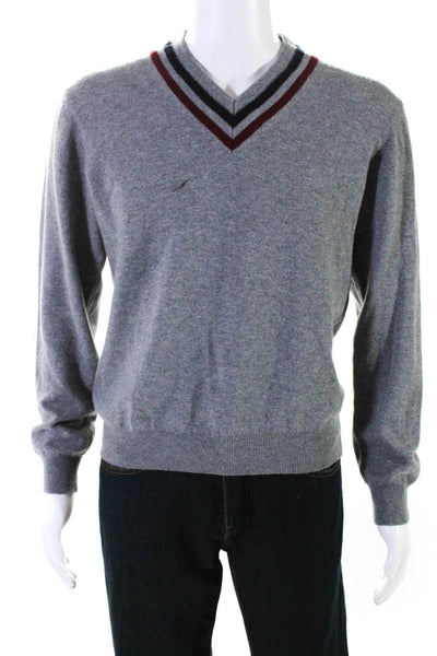 Kent & Curwen Mens Merino Wool V Neck Stripe Trim Sweater Gray Size M