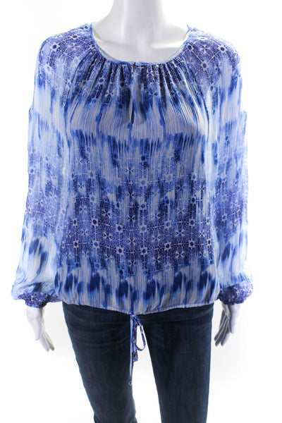 Ramy Brook Womens Chiffon Lattice Long Sleeve Top Blouse Blue White Size Small