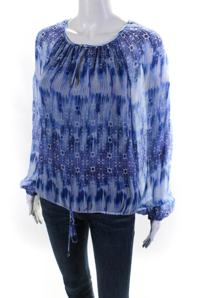 Ramy Brook Womens Chiffon Lattice Long Sleeve Top Blouse Blue White Size Small