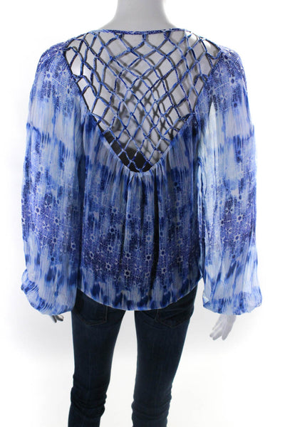 Ramy Brook Womens Chiffon Lattice Long Sleeve Top Blouse Blue White Size Small