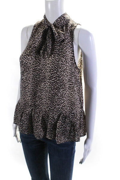 Joie Womens Tie Neck Leopard Print Sleeveless Top Blouse Brown Silk Size XS