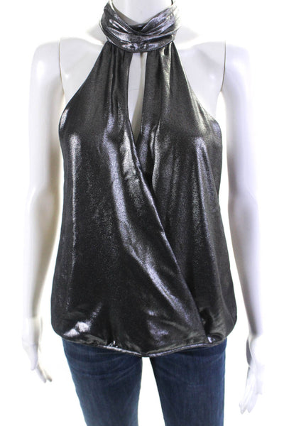 Parker Womens Mock Neck Halter Metallic Surplice Sleeveless Top Blouse Silver XS