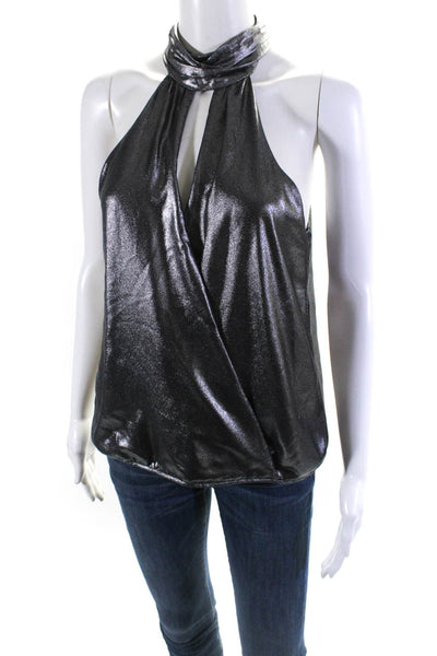 Parker Womens Mock Neck Halter Metallic Surplice Sleeveless Top Blouse Silver XS