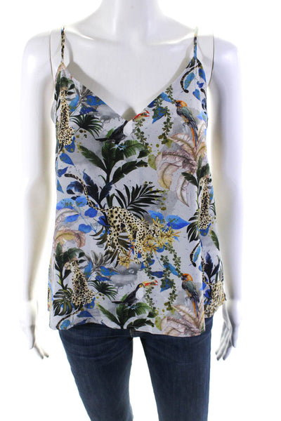 L'Agence Womens Leopard Monstera Print V Neck Cami Tank Top Blue Gray Size Small