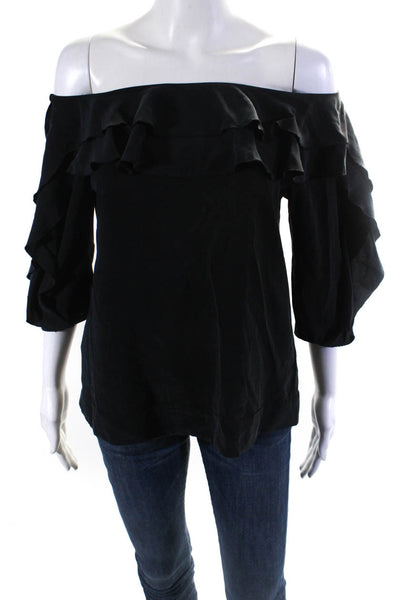 L'Agence Womens Off Shoulder Ruffle Half Sleeve Top Blouse Black Silk Size Small