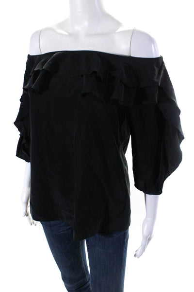 L'Agence Womens Off Shoulder Ruffle Half Sleeve Top Blouse Black Silk Size Small