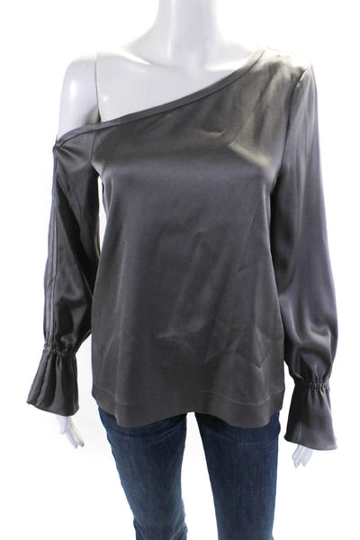 Ramy Brook Womens Asymmetrical Off Shoulder Crepe Satin Top Blouse Gray Size XS