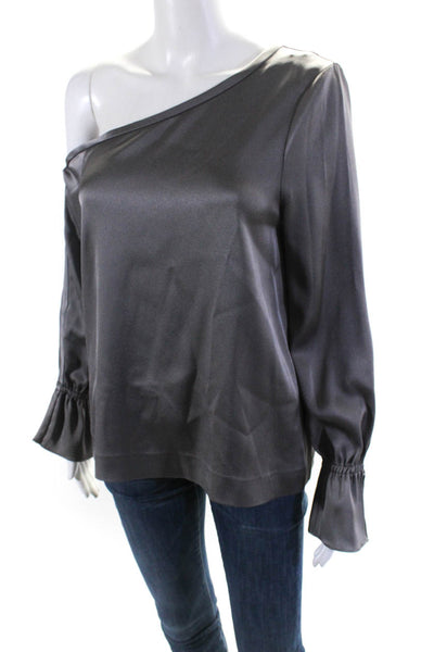 Ramy Brook Womens Asymmetrical Off Shoulder Crepe Satin Top Blouse Gray Size XS