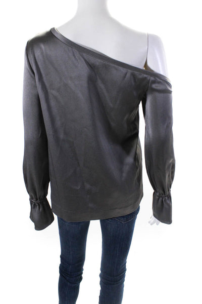 Ramy Brook Womens Asymmetrical Off Shoulder Crepe Satin Top Blouse Gray Size XS